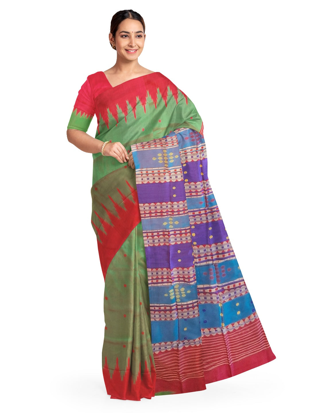 Green Pink Phoda Kumbha Berhampuri Patta Silk Saree with running blouse piece