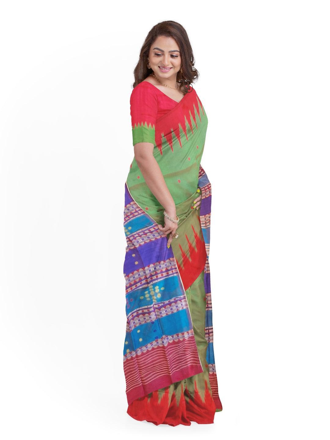 Green Pink Phoda Kumbha Berhampuri Patta Silk Saree with running blouse piece