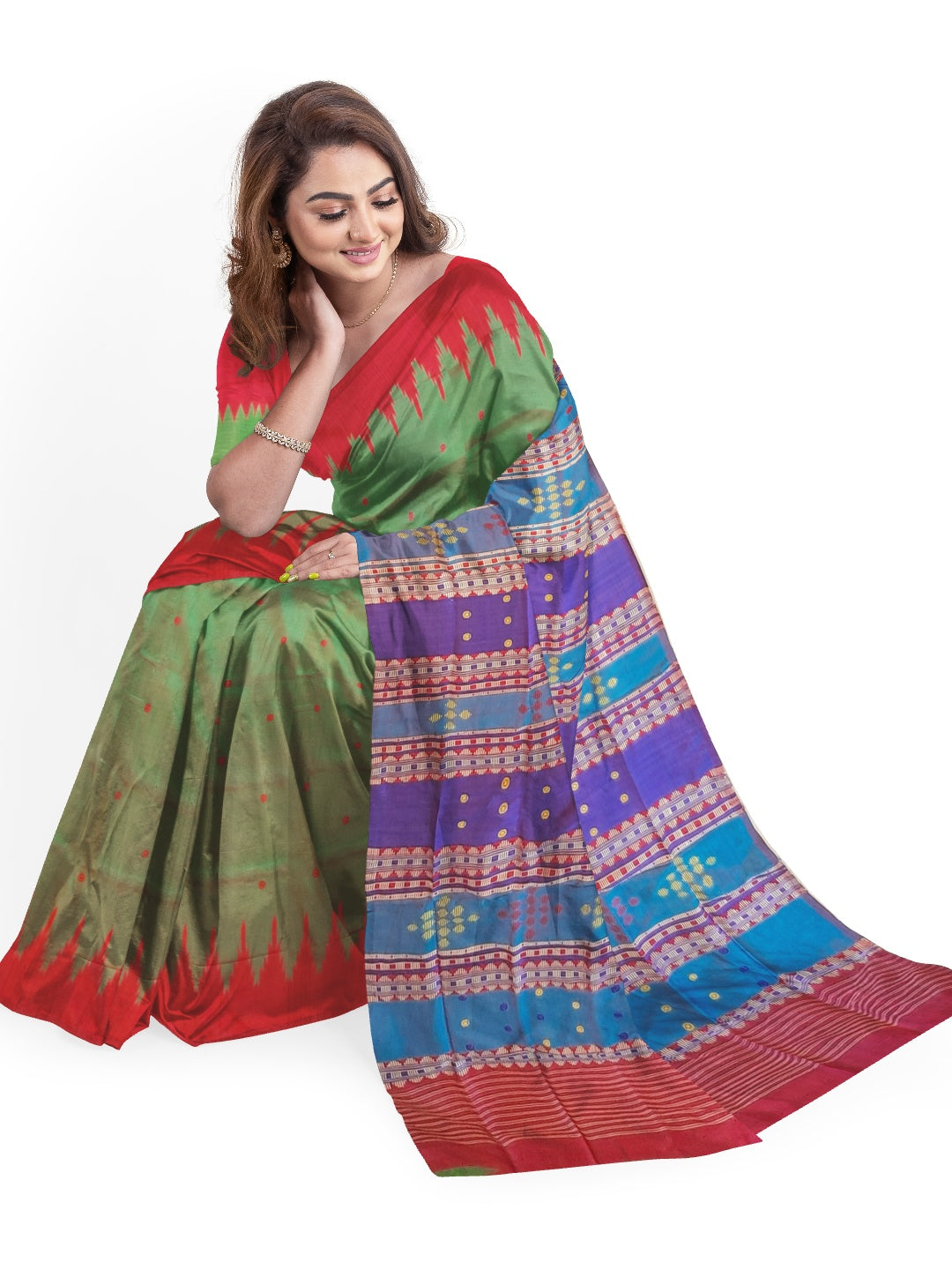 Green Pink Phoda Kumbha Berhampuri Patta Silk Saree with running blouse piece