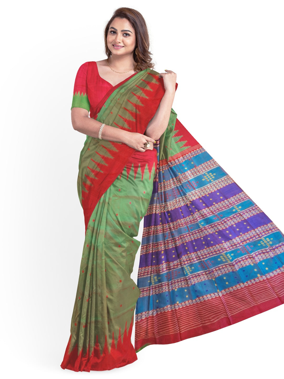 Green Pink Phoda Kumbha Berhampuri Patta Silk Saree with running blouse piece