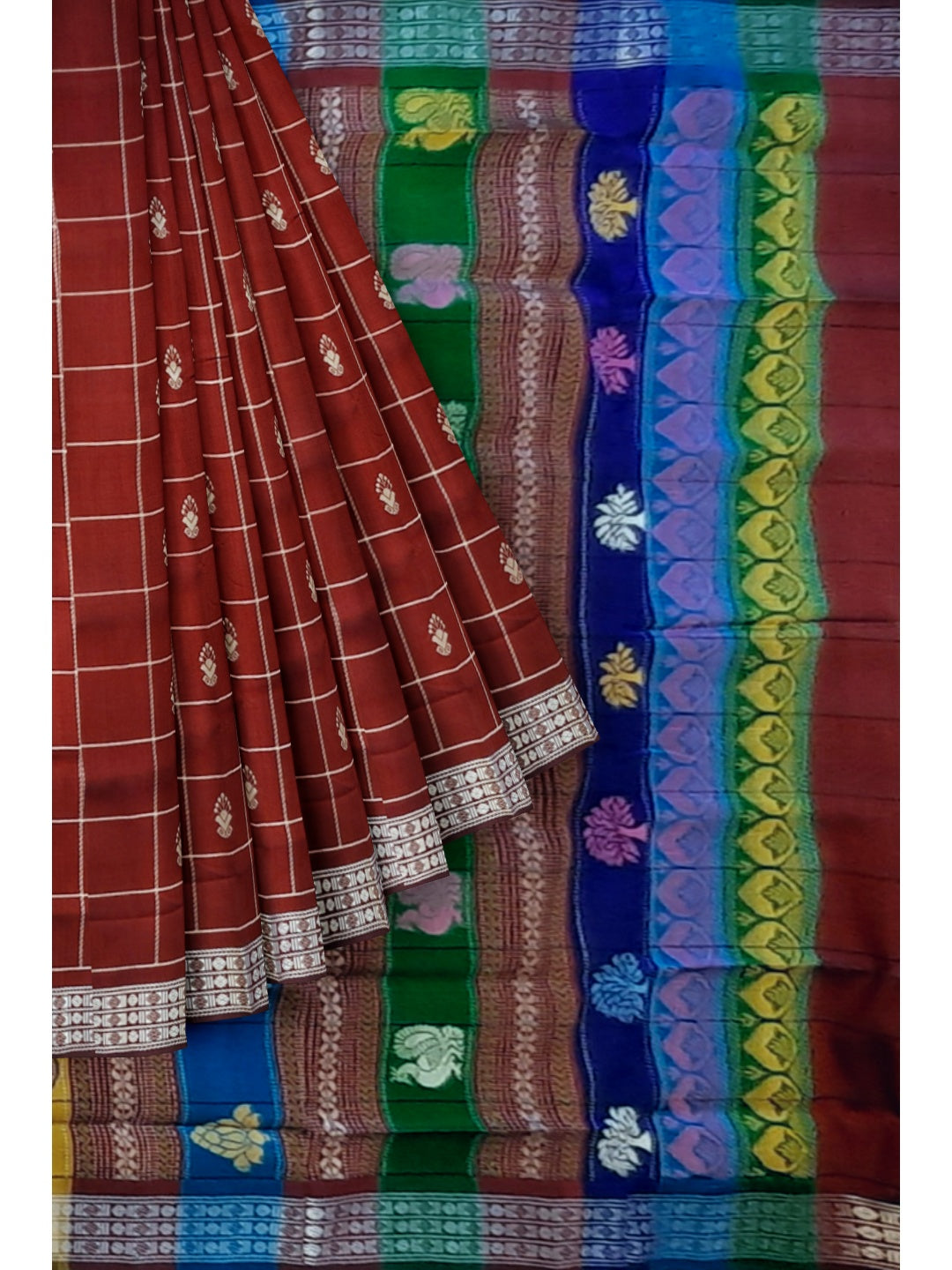 Maroon Checkered Berhampuri Patta Silk Saree with Double Anchal running blouse piece