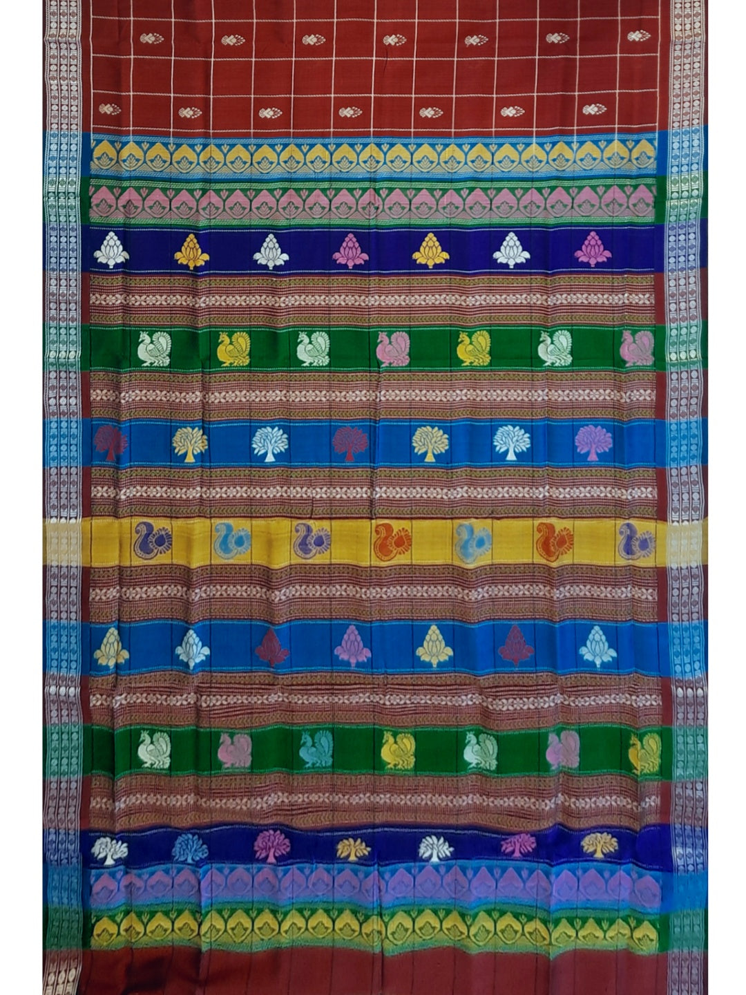 Maroon Checkered Berhampuri Patta Silk Saree with Double Anchal running blouse piece