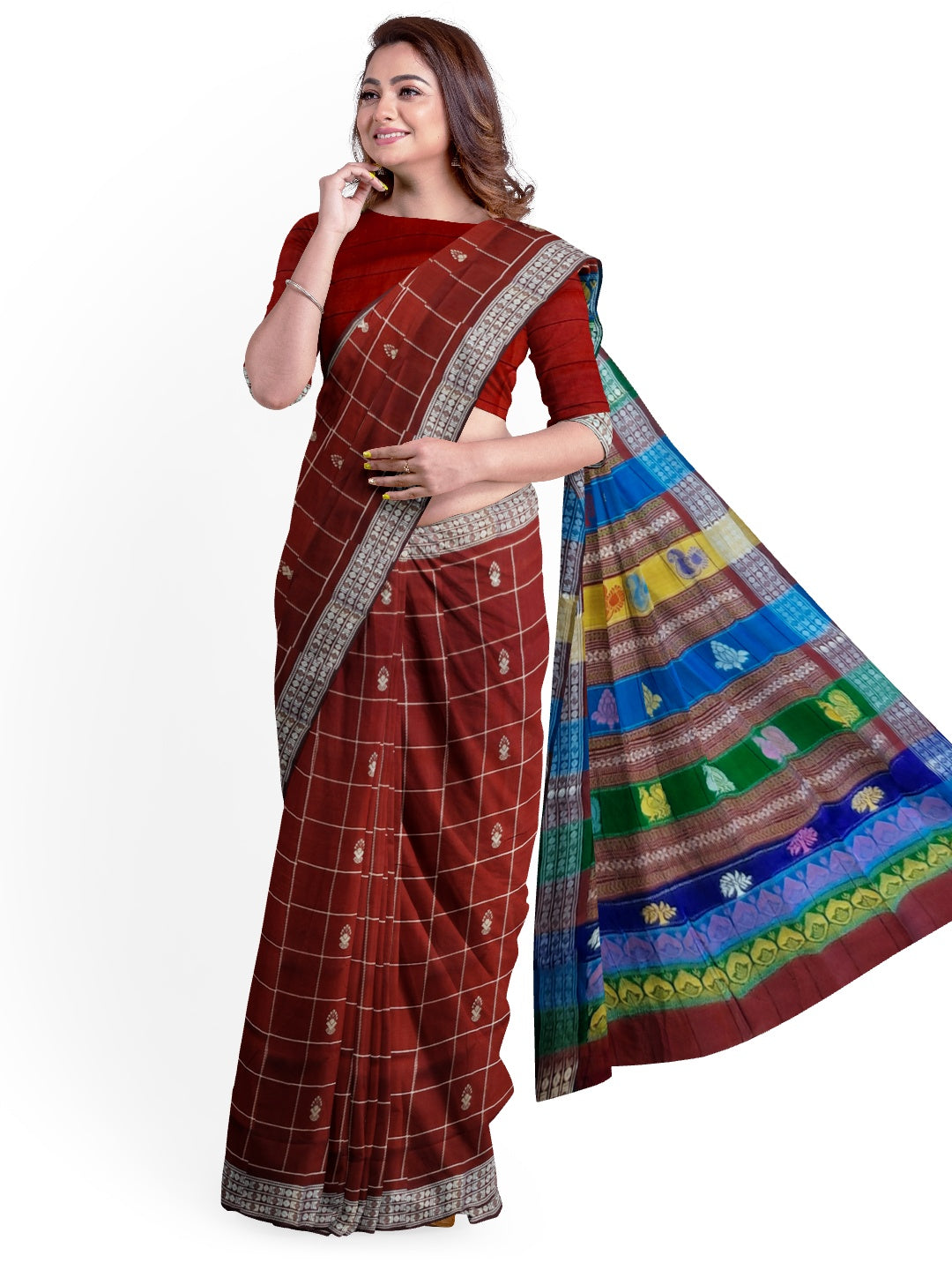 Maroon Checkered Berhampuri Patta Silk Saree with Double Anchal running blouse piece