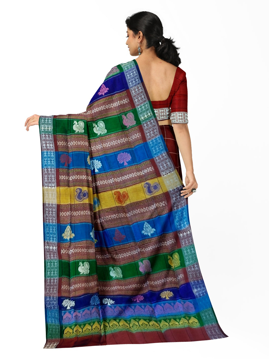 Maroon Checkered Berhampuri Patta Silk Saree with Double Anchal running blouse piece
