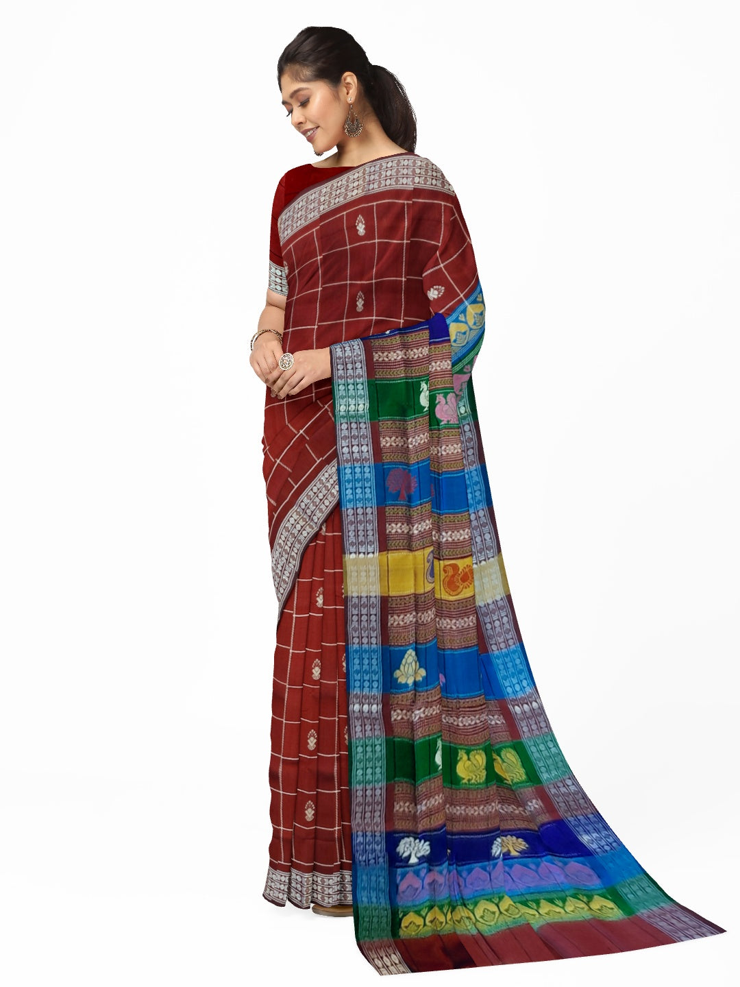 Maroon Checkered Berhampuri Patta Silk Saree with Double Anchal running blouse piece