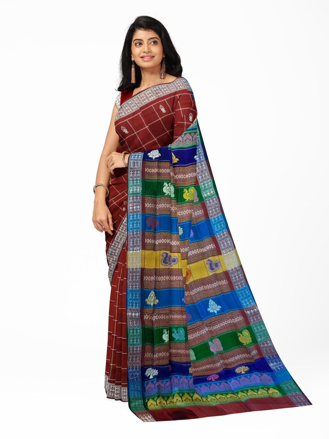 Maroon Checkered Berhampuri Patta Silk Saree with Double Anchal running blouse piece