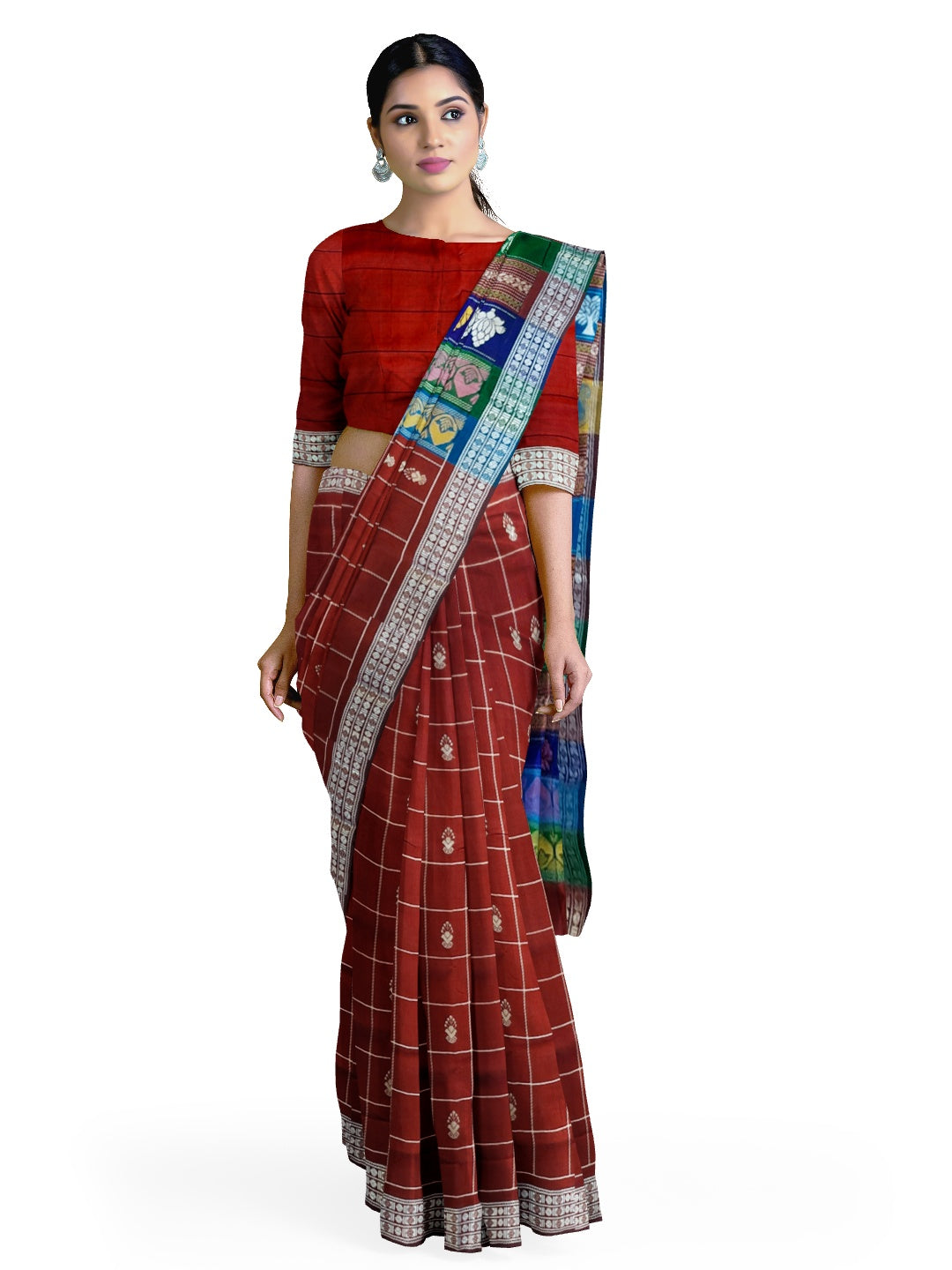 Maroon Checkered Berhampuri Patta Silk Saree with Double Anchal running blouse piece