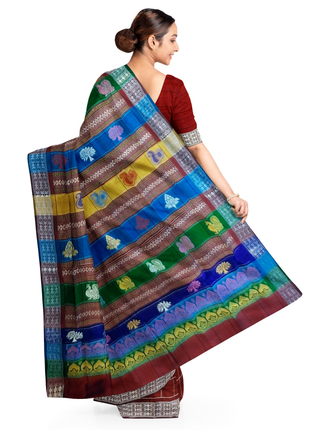 Maroon Checkered Berhampuri Patta Silk Saree with Double Anchal running blouse piece