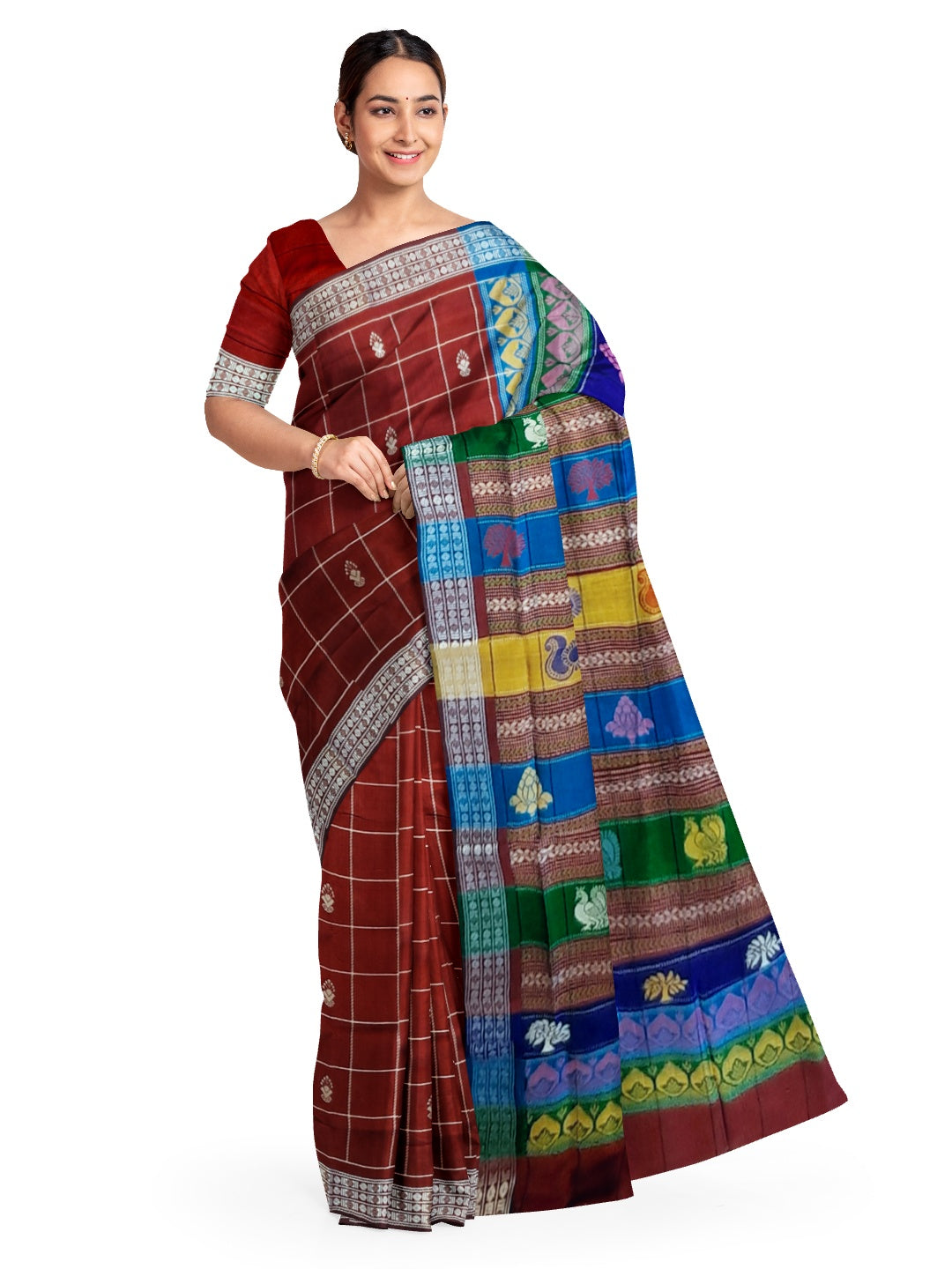Maroon Checkered Berhampuri Patta Silk Saree with Double Anchal running blouse piece