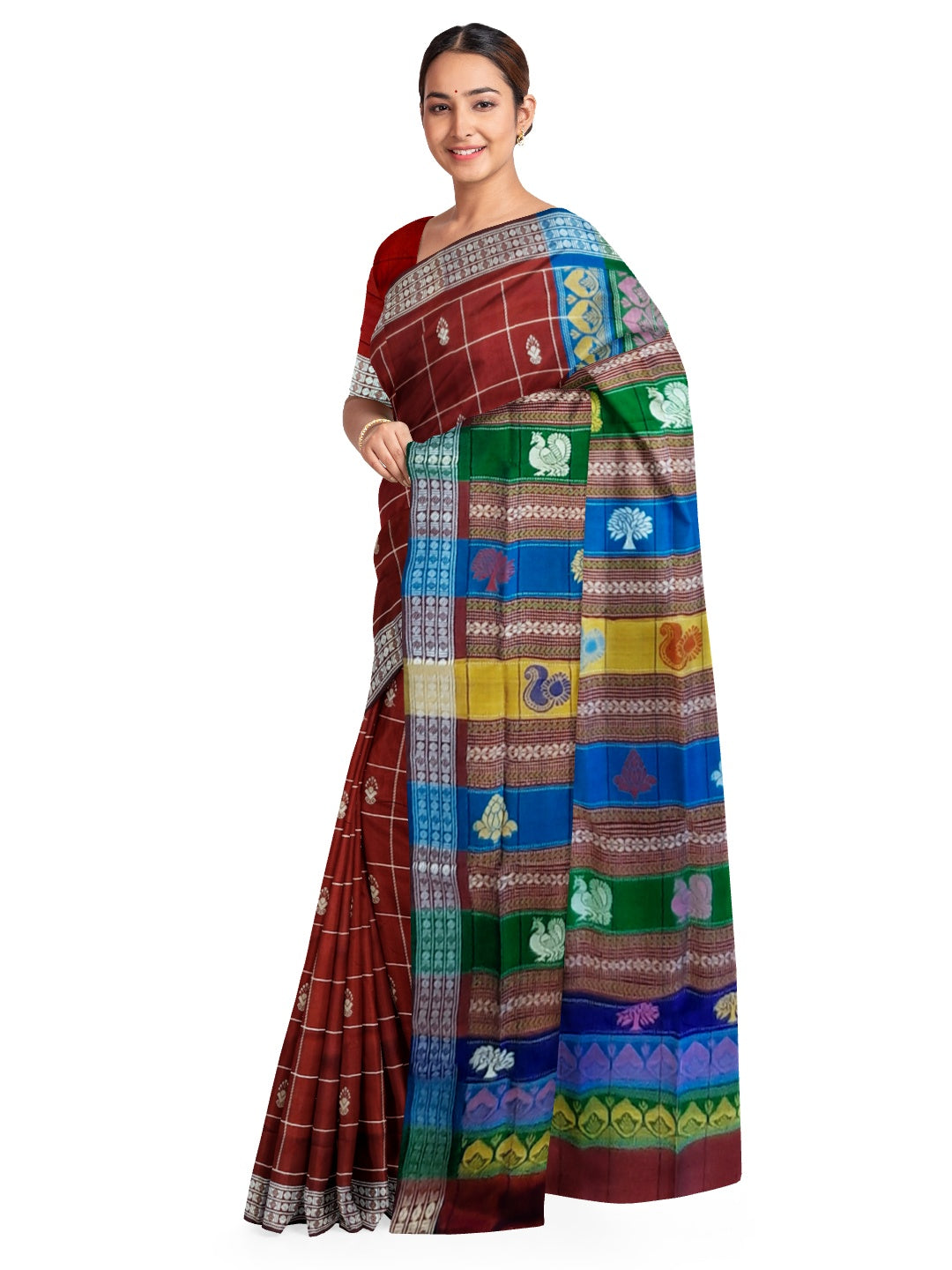 Maroon Checkered Berhampuri Patta Silk Saree with Double Anchal running blouse piece