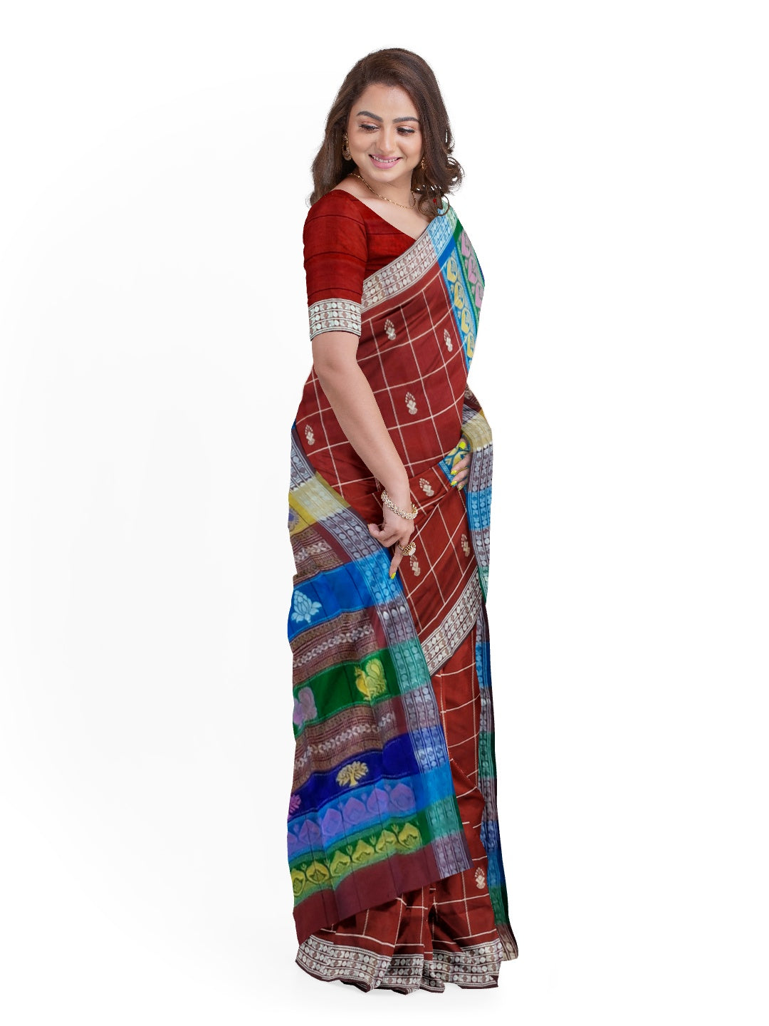 Maroon Checkered Berhampuri Patta Silk Saree with Double Anchal running blouse piece