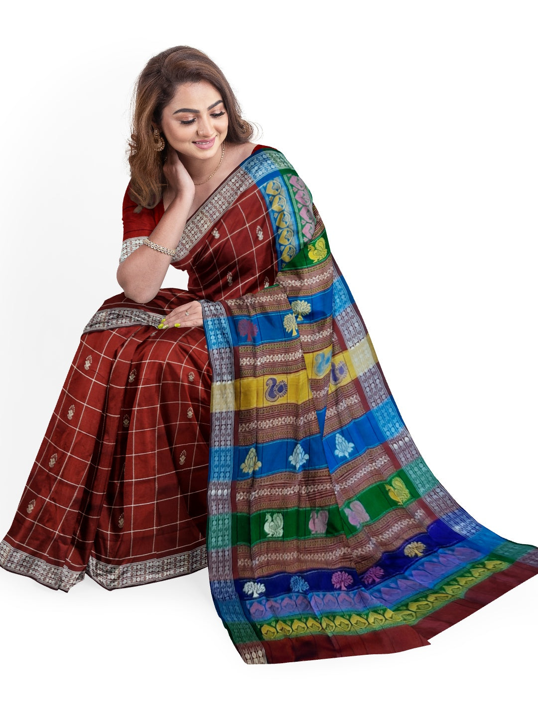 Maroon Checkered Berhampuri Patta Silk Saree with Double Anchal running blouse piece