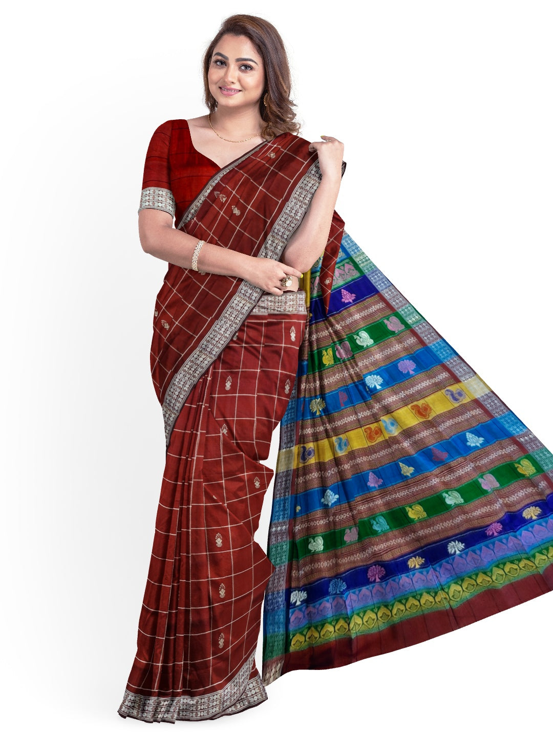 Maroon Checkered Berhampuri Patta Silk Saree with Double Anchal running blouse piece