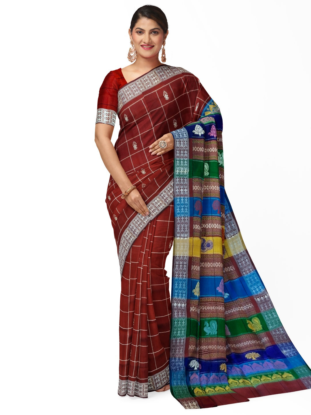 Maroon Checkered Berhampuri Patta Silk Saree with Double Anchal running blouse piece
