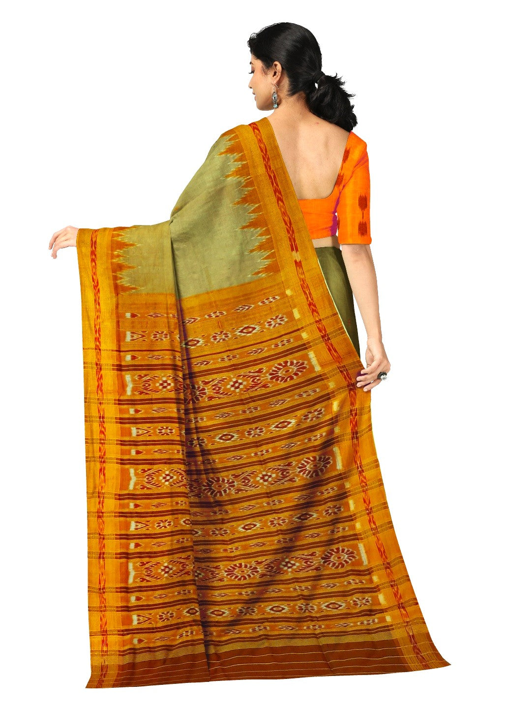 Greenish Yellow with Orange Odisha Khandua Silk Saree with cotton ikat blouse piece