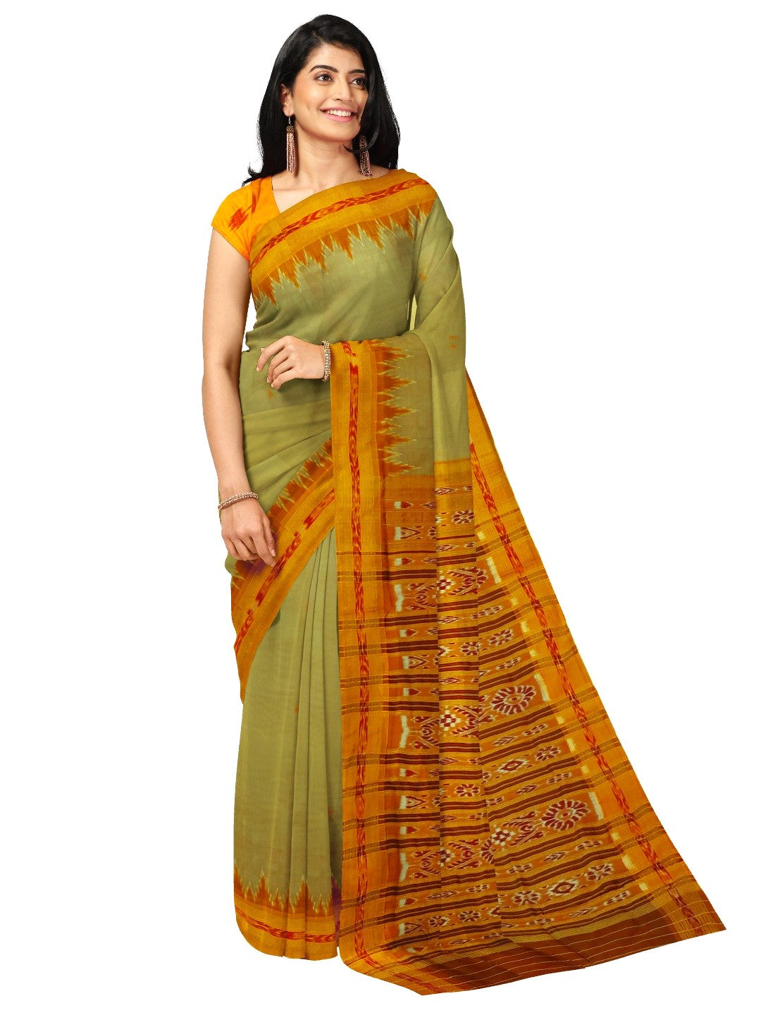 Greenish Yellow with Orange Odisha Khandua Silk Saree with cotton ikat blouse piece