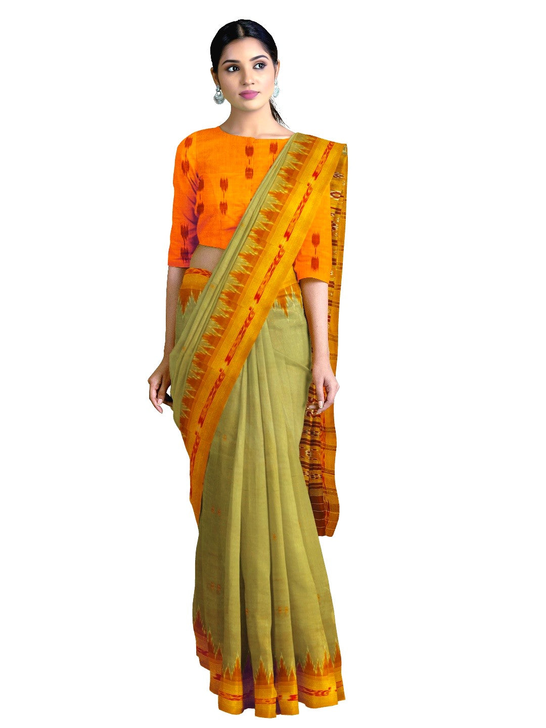 Greenish Yellow with Orange Odisha Khandua Silk Saree with cotton ikat blouse piece