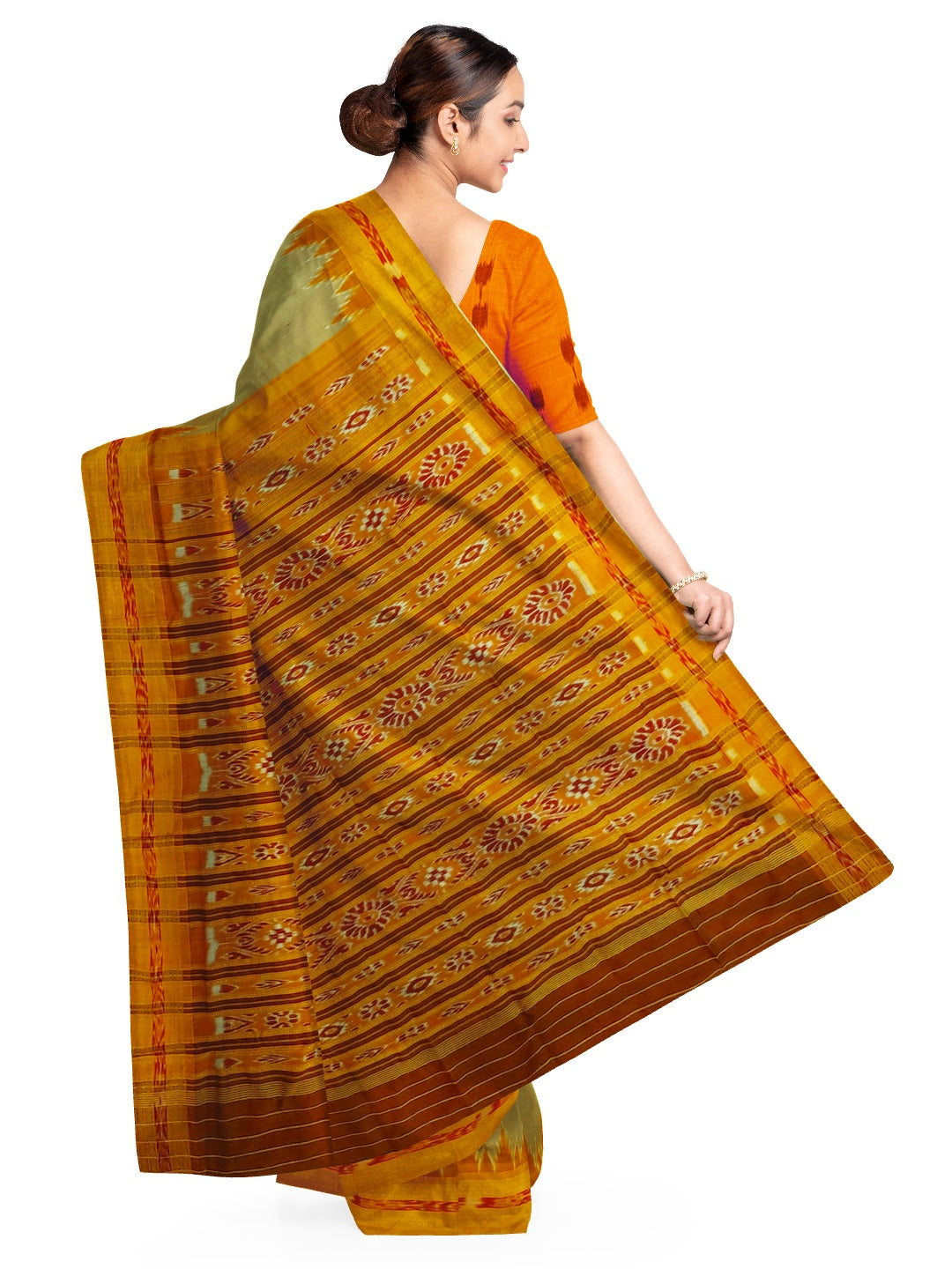 Greenish Yellow with Orange Odisha Khandua Silk Saree with cotton ikat blouse piece