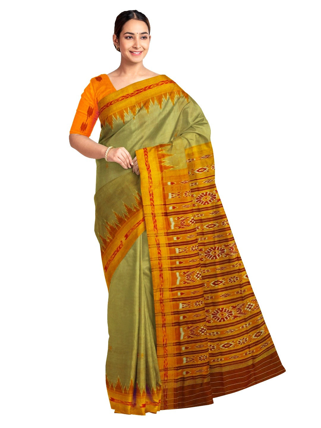 Greenish Yellow with Orange Odisha Khandua Silk Saree with cotton ikat blouse piece