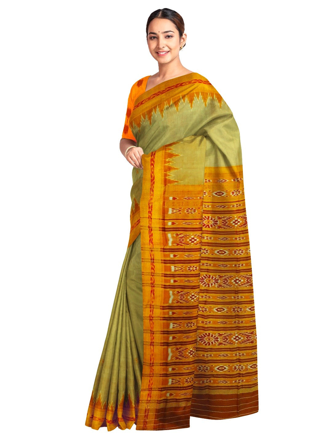 Greenish Yellow with Orange Odisha Khandua Silk Saree with cotton ikat blouse piece