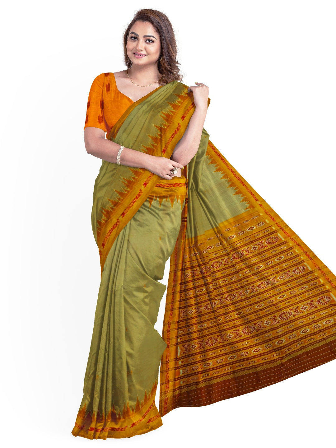 Greenish Yellow with Orange Odisha Khandua Silk Saree with cotton ikat blouse piece