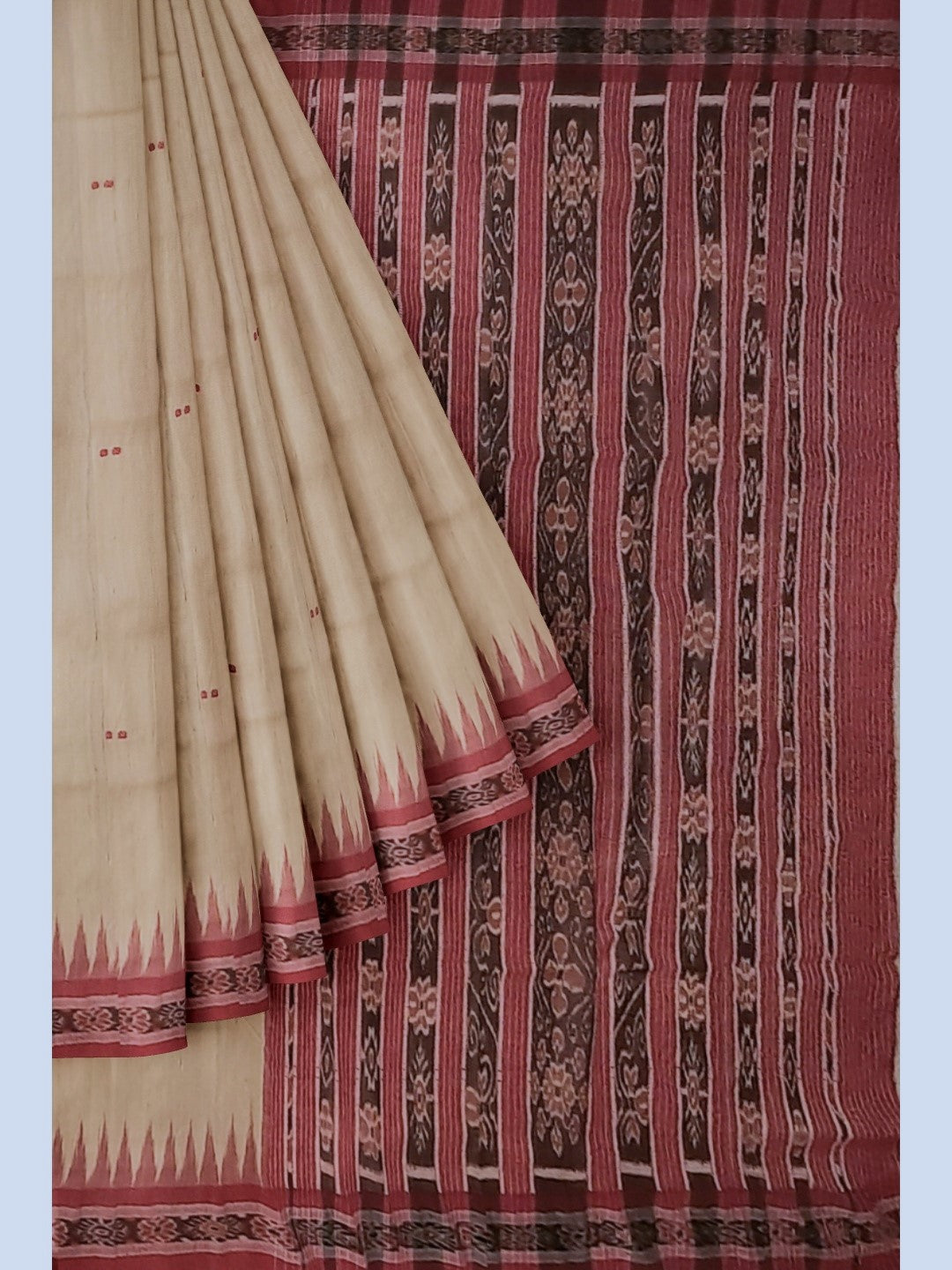 Beige with Maroon Tussar Silk Odisha Ikat Saree with cotton ikat blouse piece