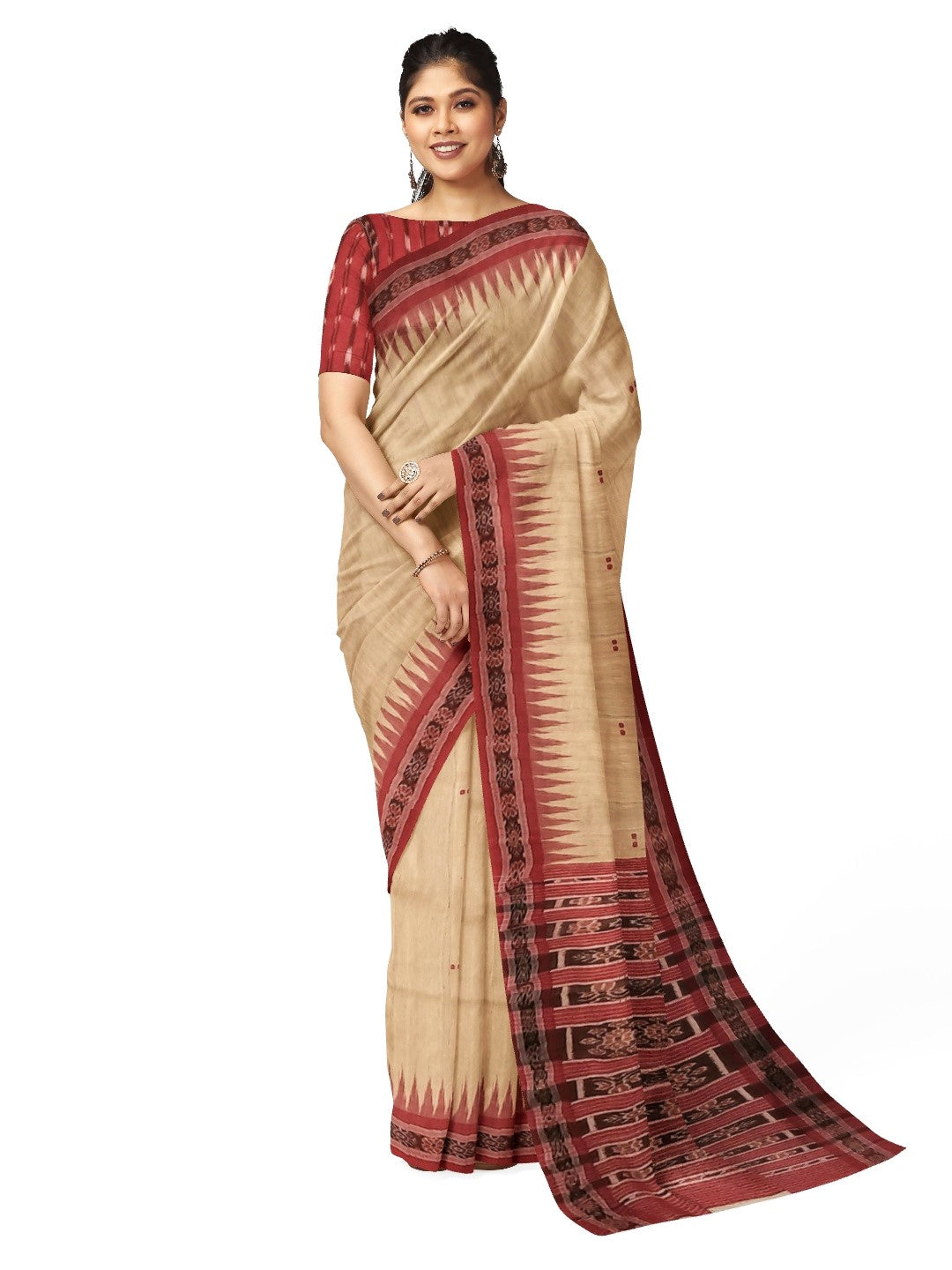 Beige with Maroon Tussar Silk Odisha Ikat Saree with cotton ikat blouse piece