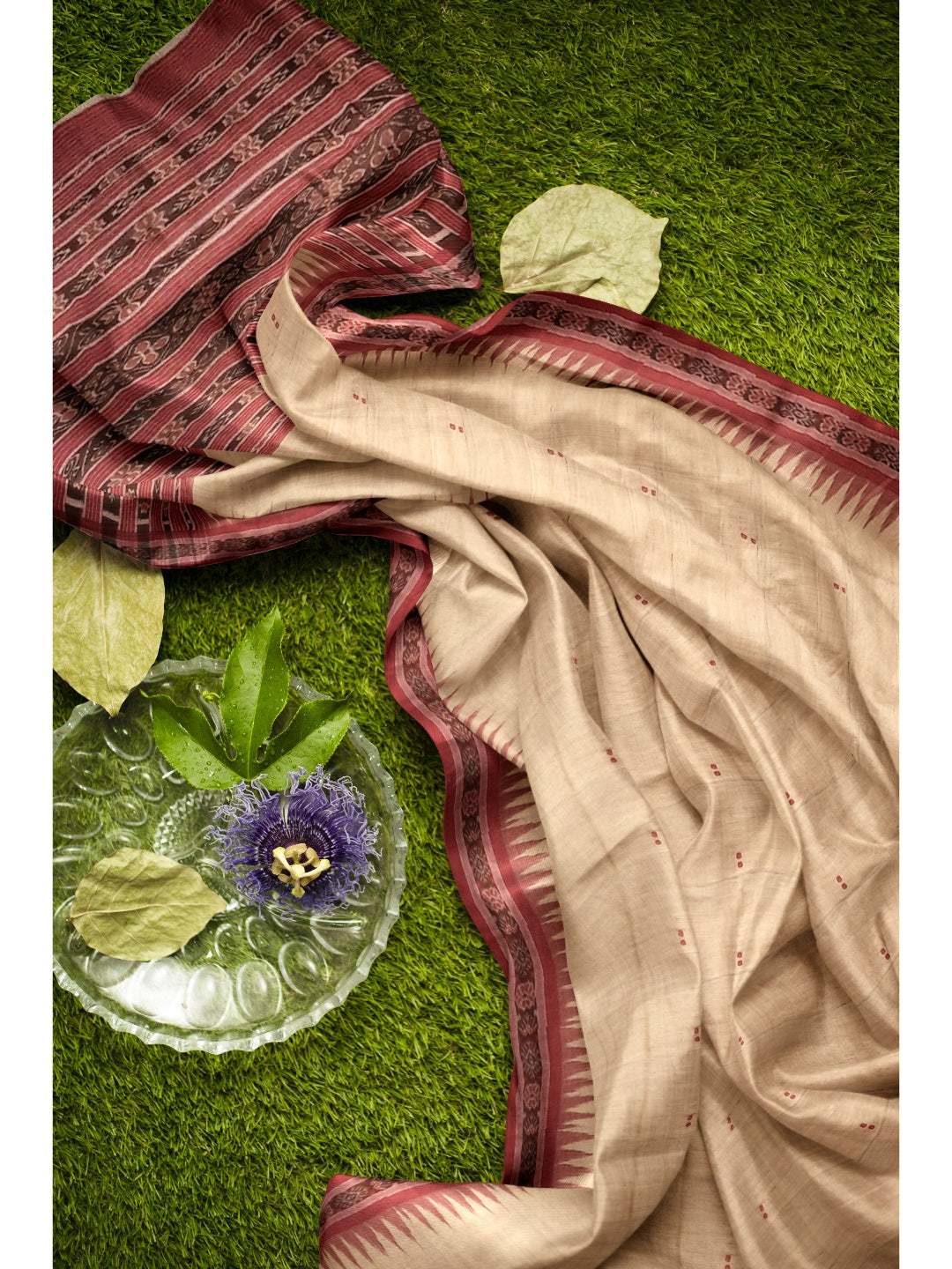 Beige with Maroon Tussar Silk Odisha Ikat Saree with cotton ikat blouse piece