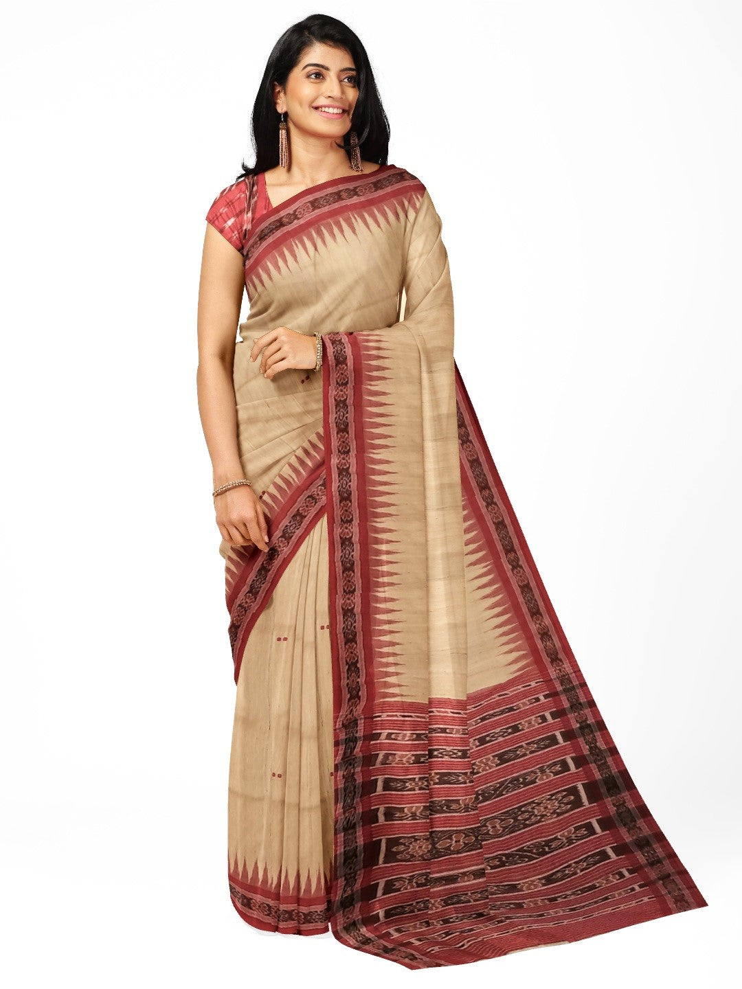 Beige with Maroon Tussar Silk Odisha Ikat Saree with cotton ikat blouse piece