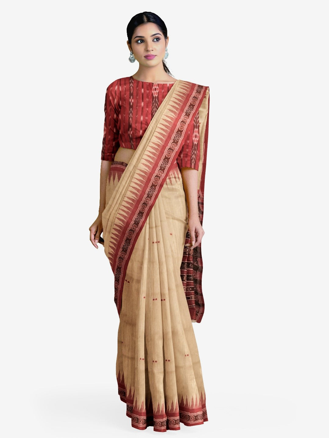 Beige with Maroon Tussar Silk Odisha Ikat Saree with cotton ikat blouse piece
