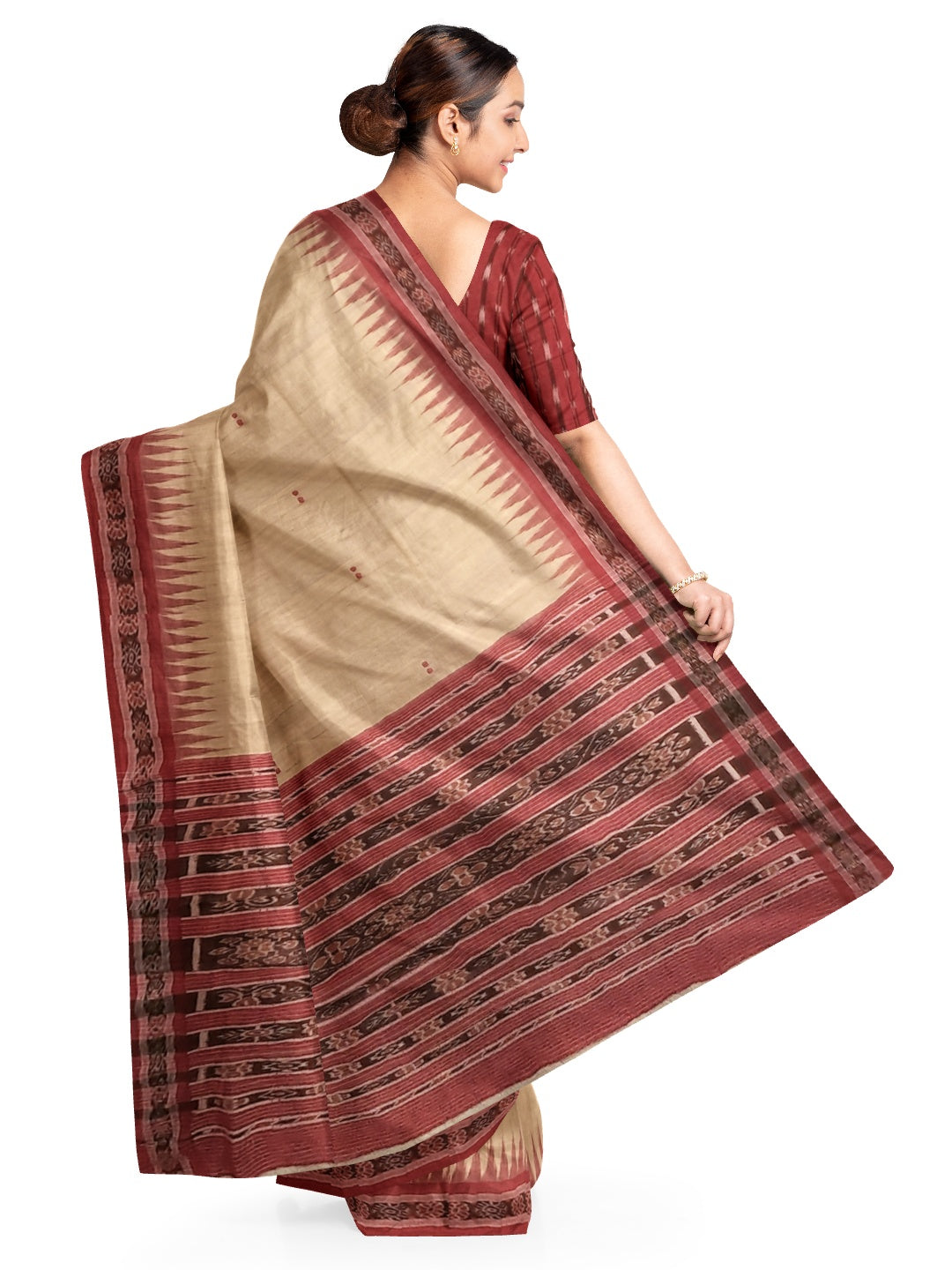 Beige with Maroon Tussar Silk Odisha Ikat Saree with cotton ikat blouse piece