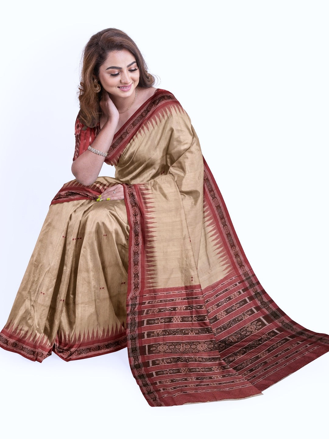 Beige with Maroon Tussar Silk Odisha Ikat Saree with cotton ikat blouse piece