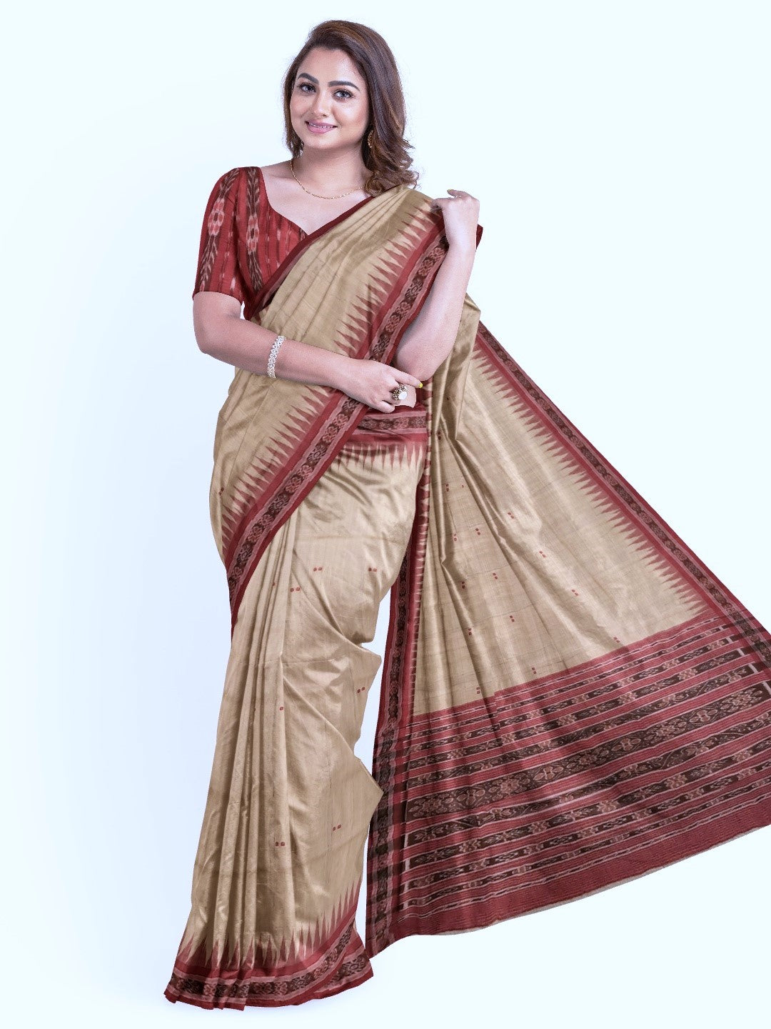 Beige with Maroon Tussar Silk Odisha Ikat Saree with cotton ikat blouse piece