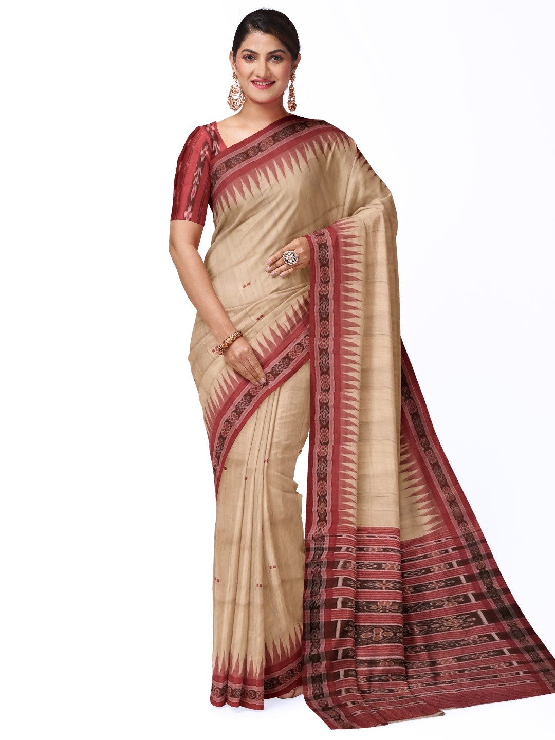 Beige with Maroon Tussar Silk Odisha Ikat Saree with cotton ikat blouse piece