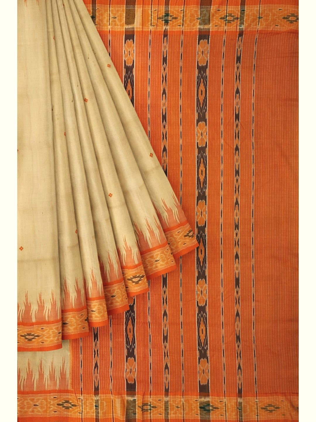 Beige with Orange Tussar Silk Odisha Ikat Saree with cotton ikat blouse piece