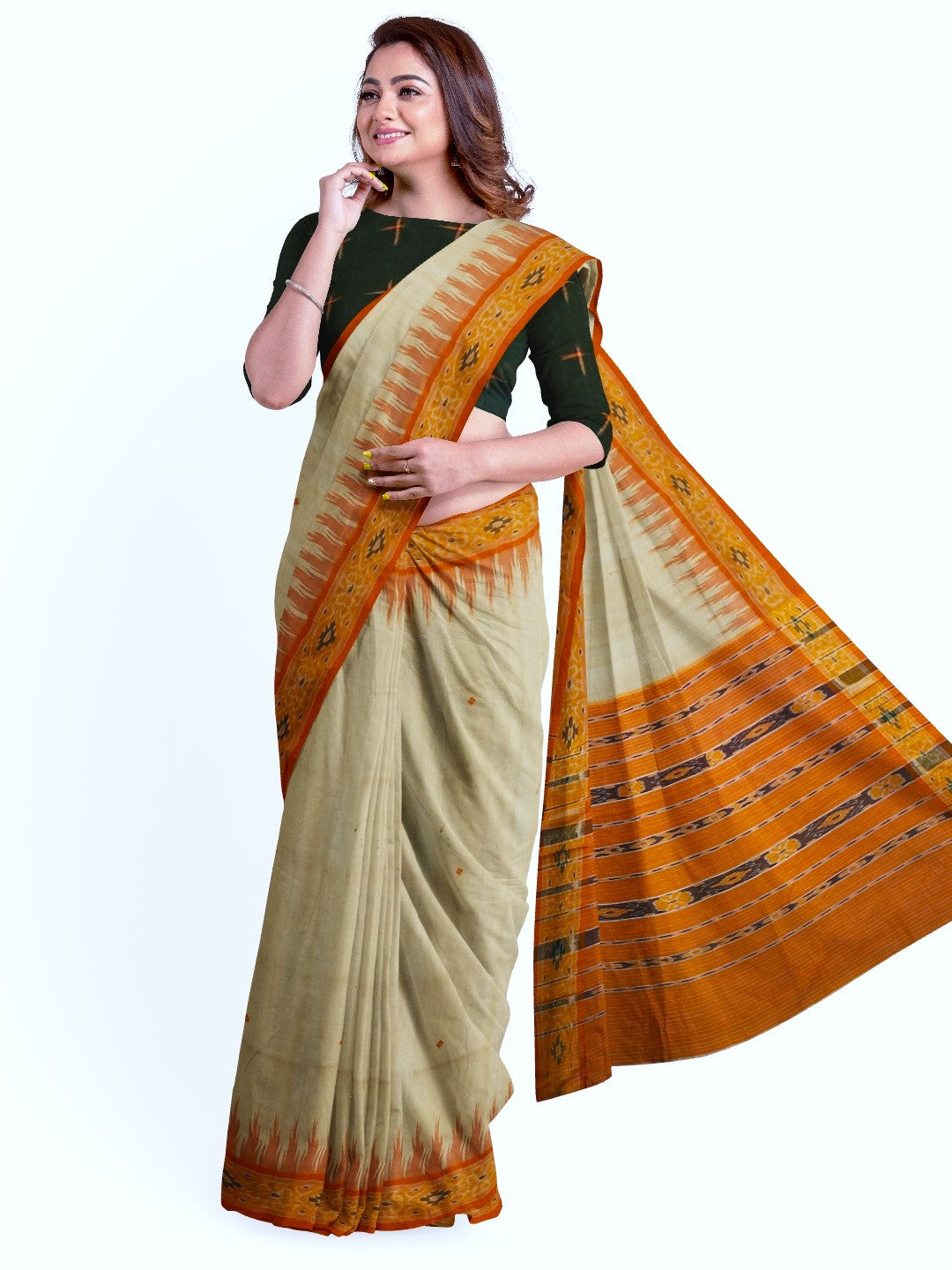 Beige with Orange Tussar Silk Odisha Ikat Saree with cotton ikat blouse piece