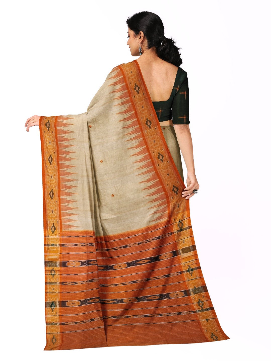 Beige with Orange Tussar Silk Odisha Ikat Saree with cotton ikat blouse piece