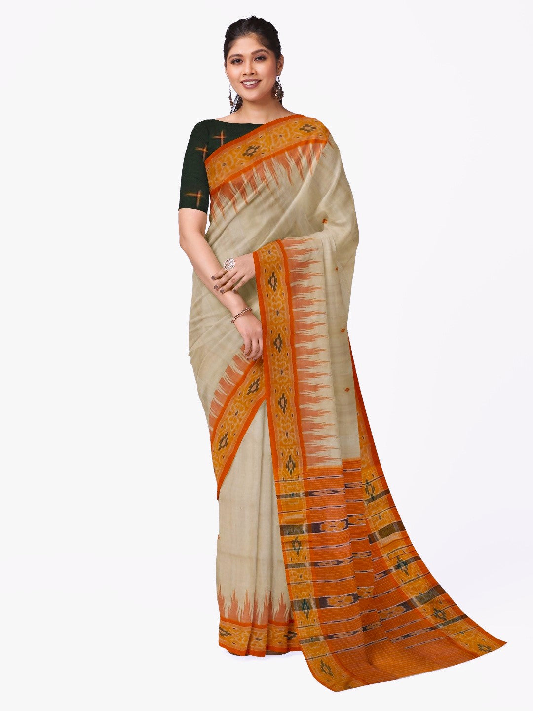 Beige with Orange Tussar Silk Odisha Ikat Saree with cotton ikat blouse piece