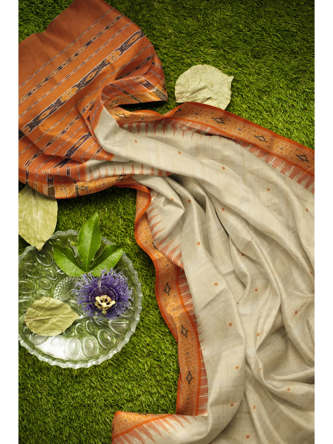 Beige with Orange Tussar Silk Odisha Ikat Saree with cotton ikat blouse piece