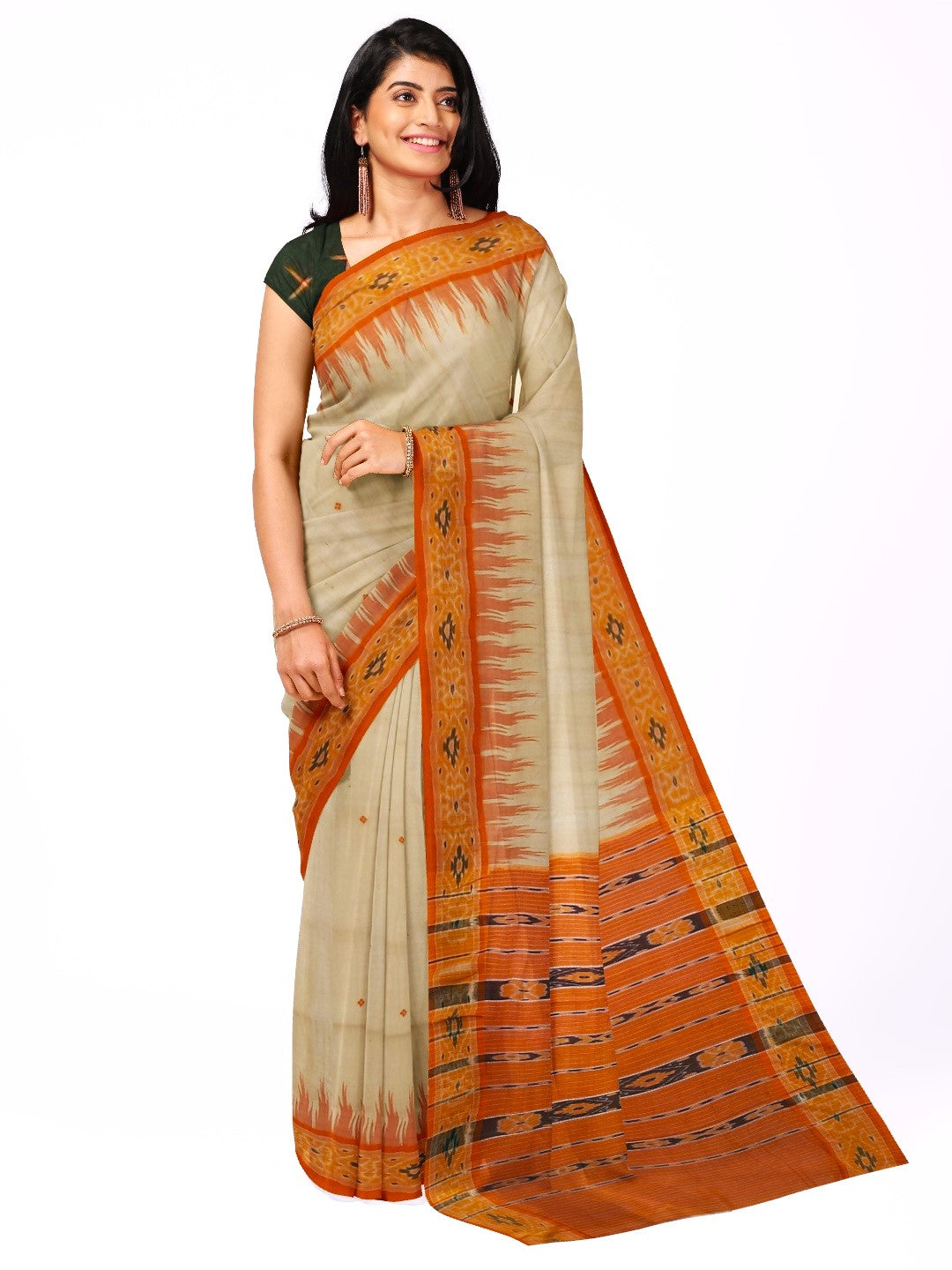 Beige with Orange Tussar Silk Odisha Ikat Saree with cotton ikat blouse piece