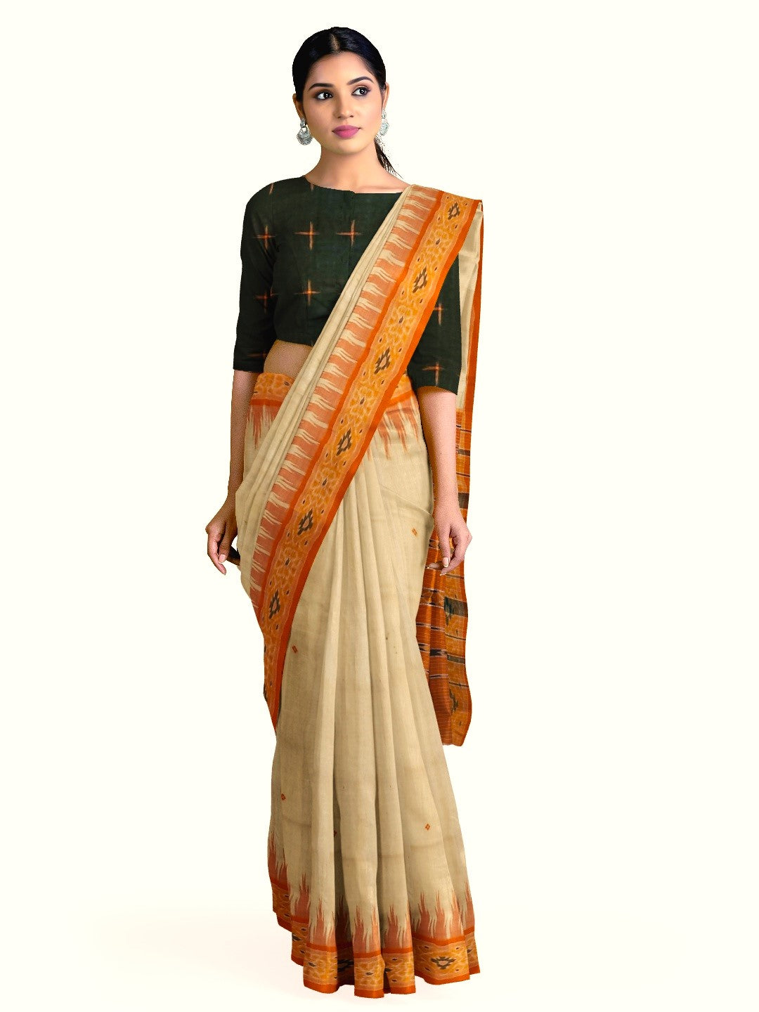 Beige with Orange Tussar Silk Odisha Ikat Saree with cotton ikat blouse piece