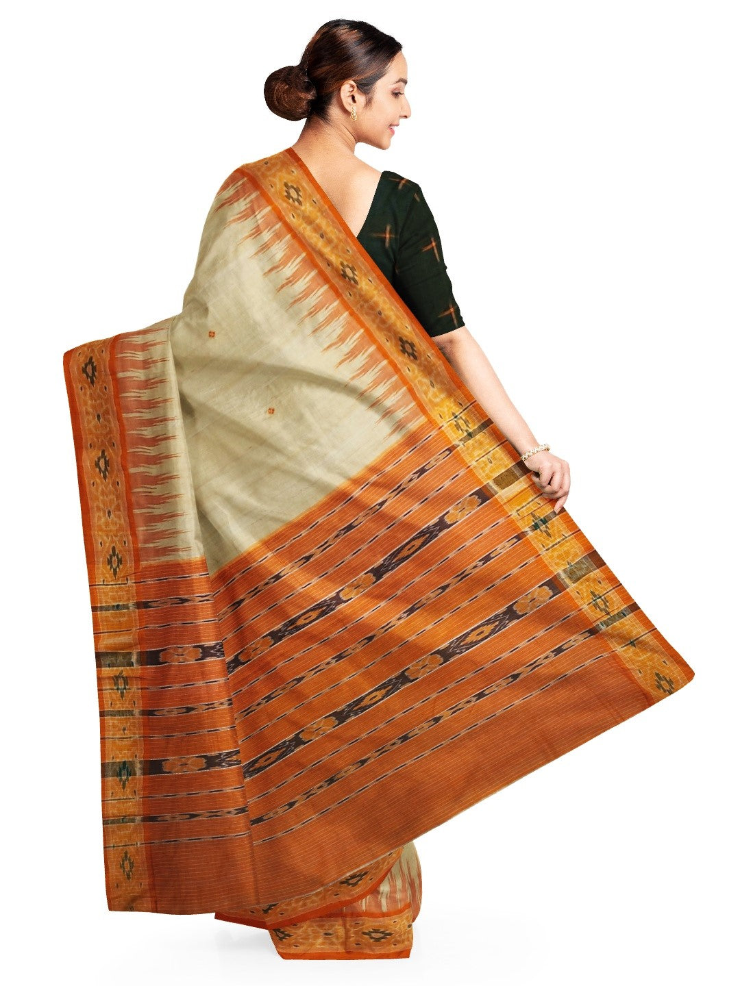 Beige with Orange Tussar Silk Odisha Ikat Saree with cotton ikat blouse piece