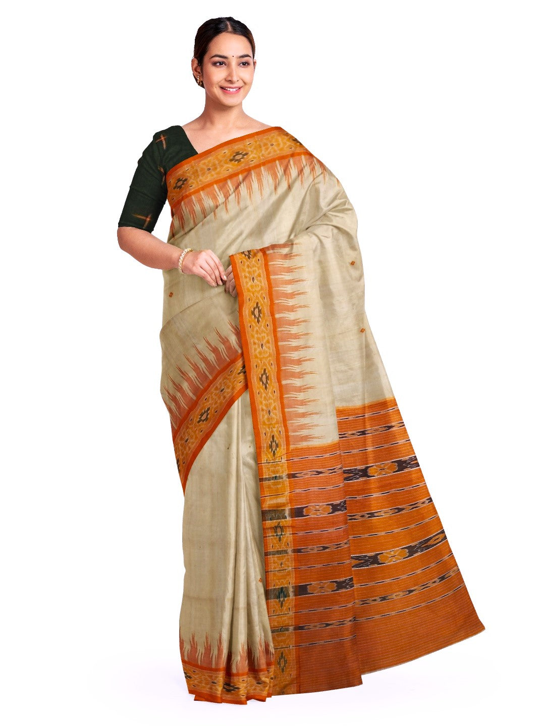 Beige with Orange Tussar Silk Odisha Ikat Saree with cotton ikat blouse piece