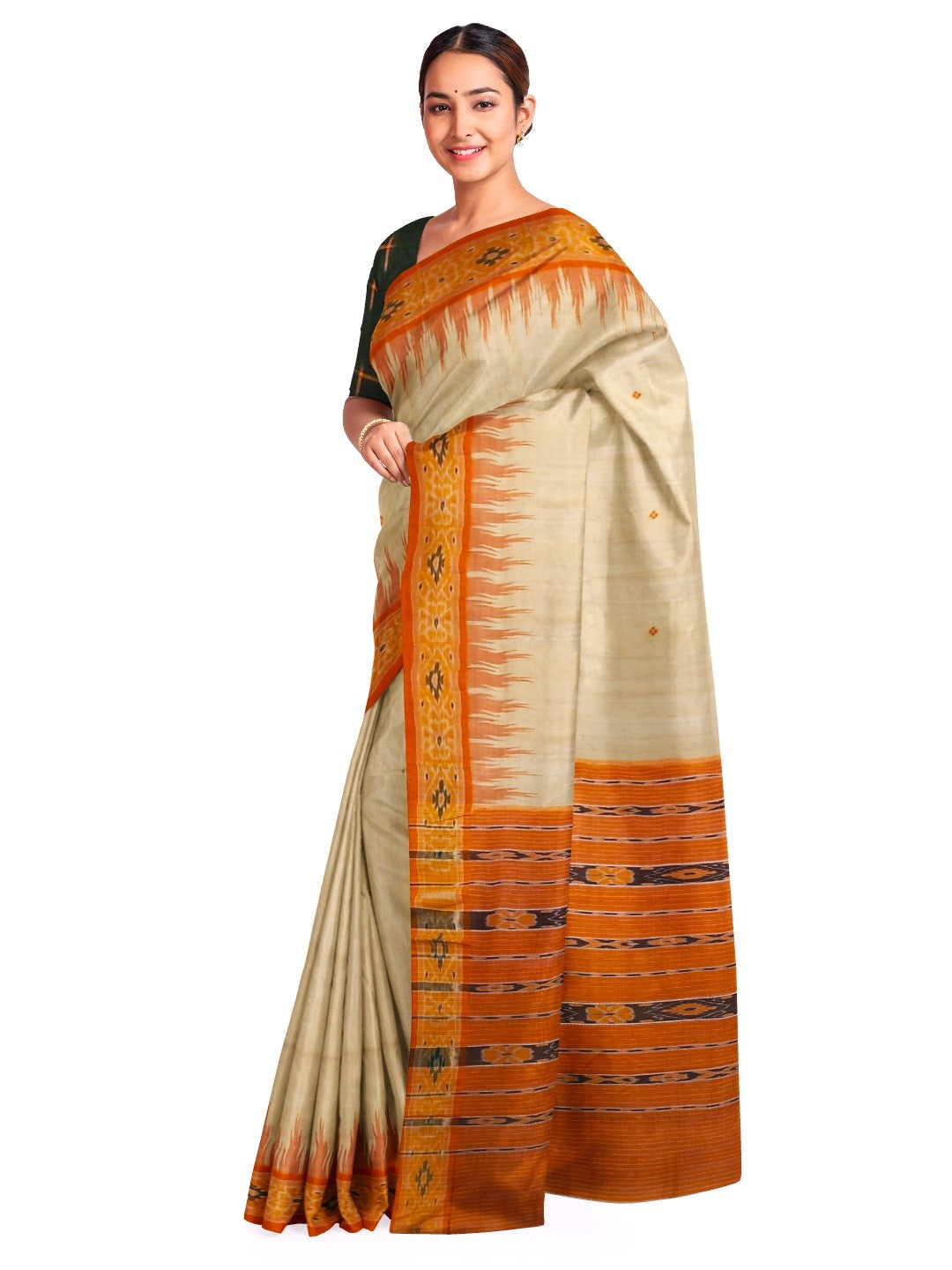 Beige with Orange Tussar Silk Odisha Ikat Saree with cotton ikat blouse piece