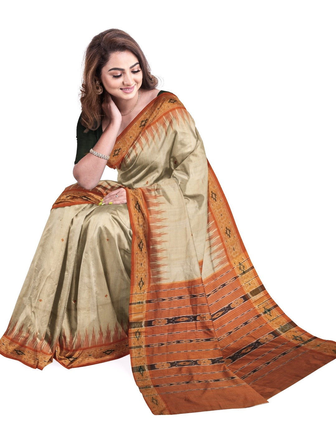 Beige with Orange Tussar Silk Odisha Ikat Saree with cotton ikat blouse piece
