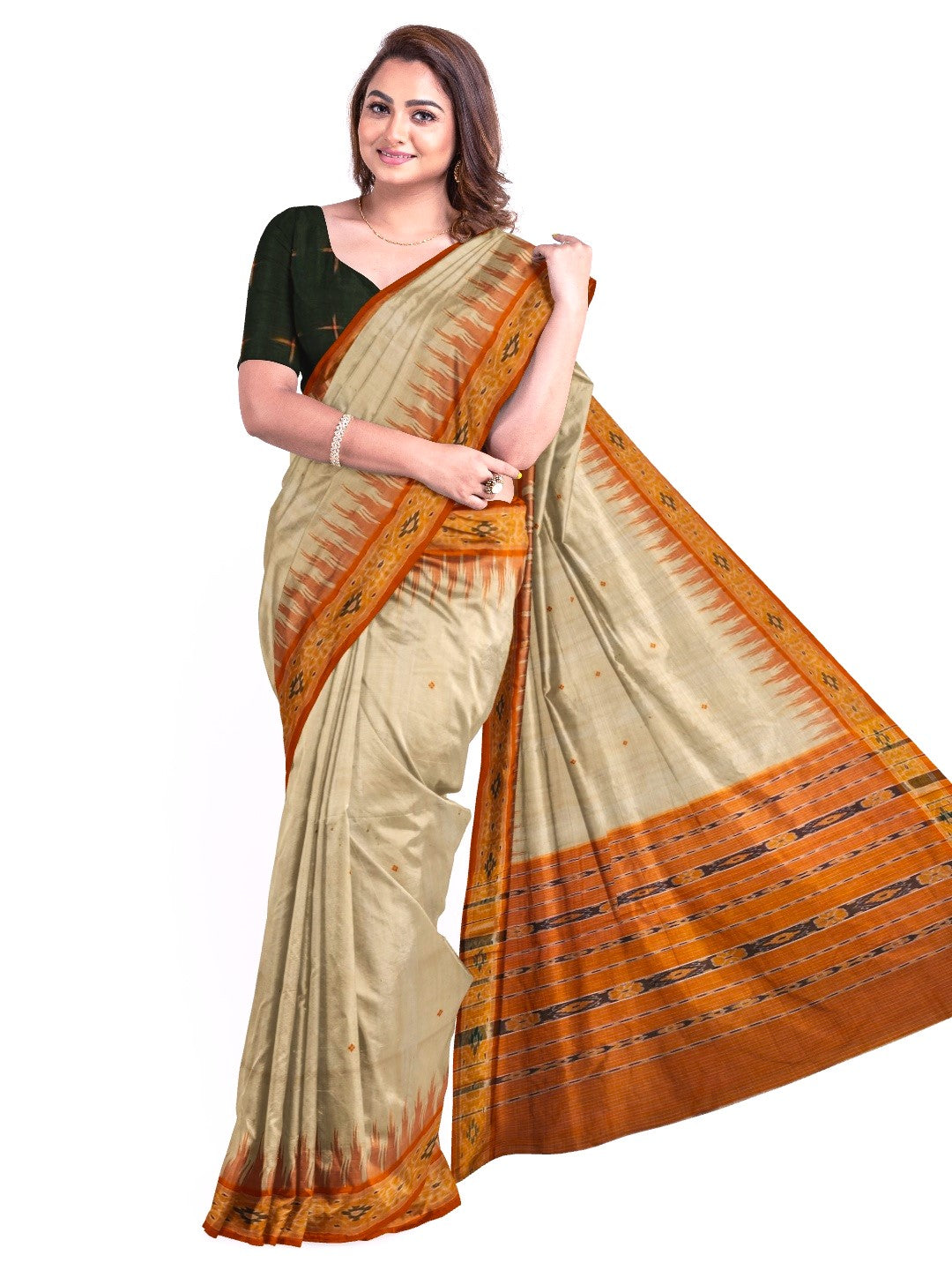 Beige with Orange Tussar Silk Odisha Ikat Saree with cotton ikat blouse piece