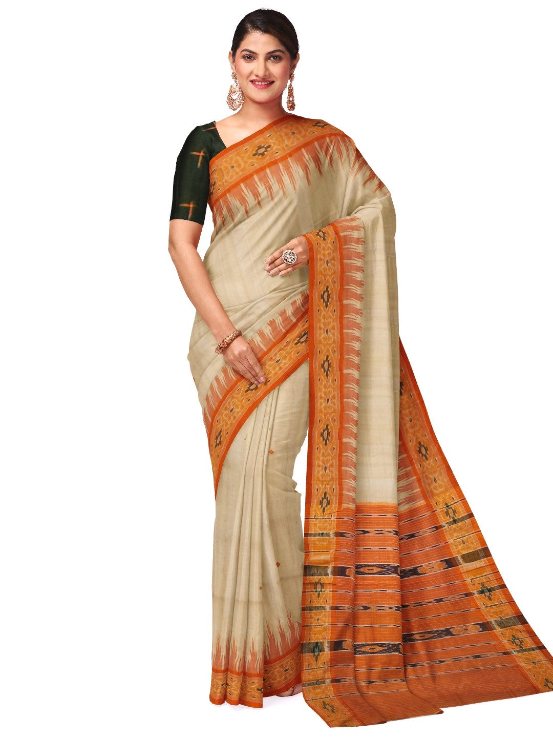 Beige with Orange Tussar Silk Odisha Ikat Saree with cotton ikat blouse piece