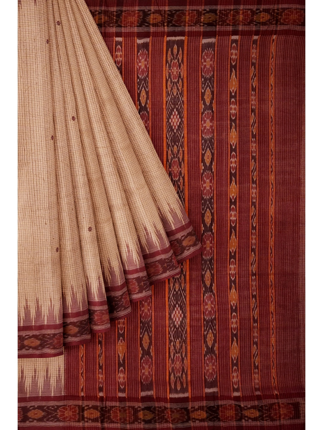 Beige checkered body Tussar Silk Odisha Ikat Saree with cotton ikat blouse piece