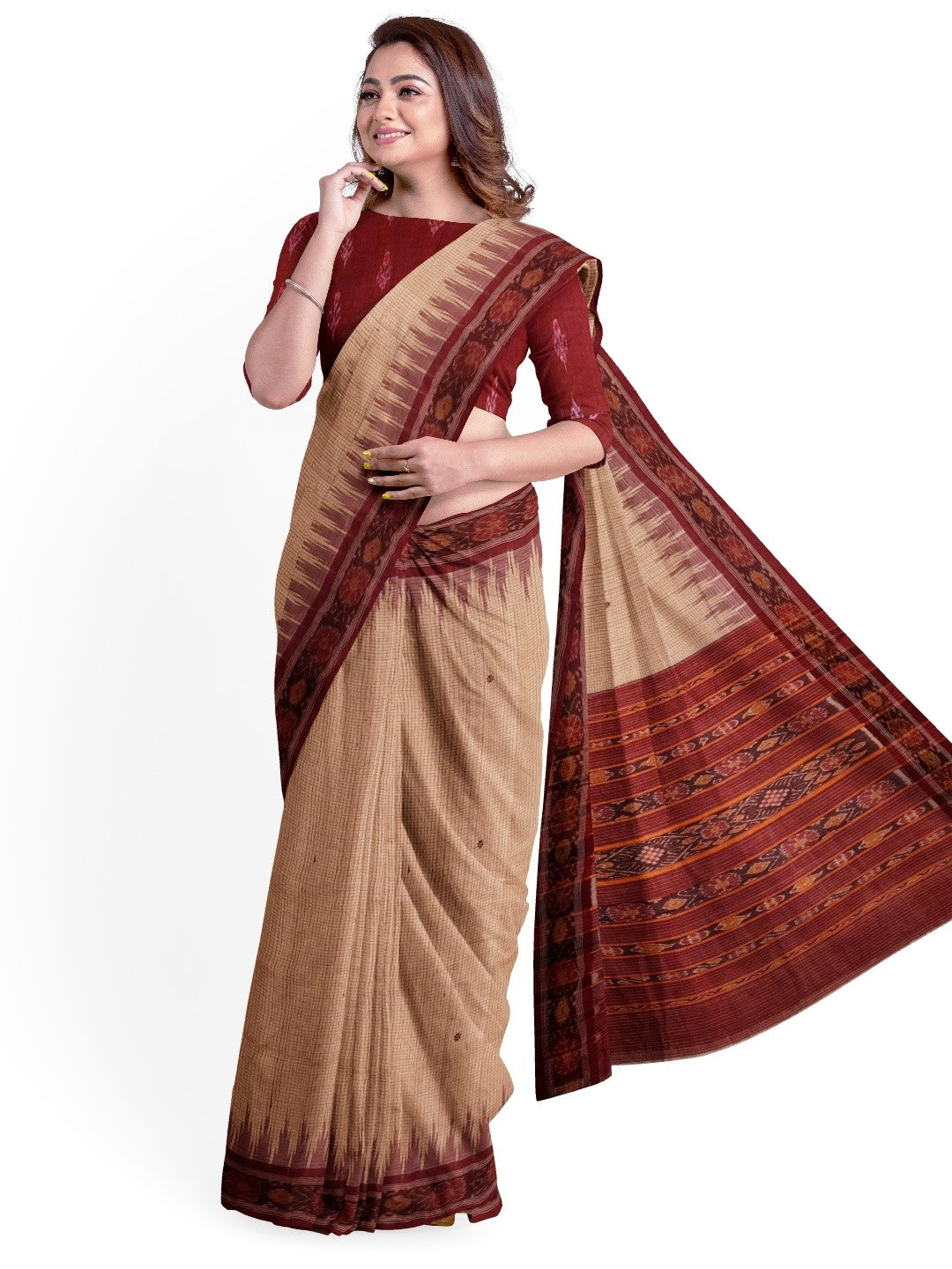 Beige checkered body Tussar Silk Odisha Ikat Saree with cotton ikat blouse piece