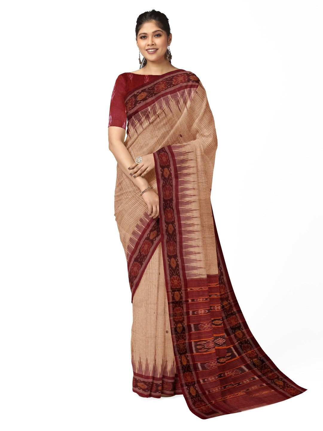 Beige checkered body Tussar Silk Odisha Ikat Saree with cotton ikat blouse piece